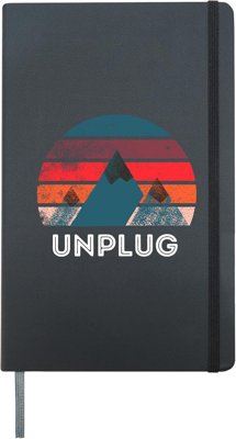 Black hardcover journal with a retro mountain sunset design and the word Unplug