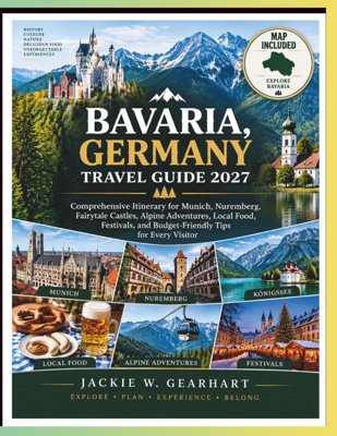 Cover of a Bavaria, Germany travel guide showing castles, Alpine peaks, and Bavarian towns
